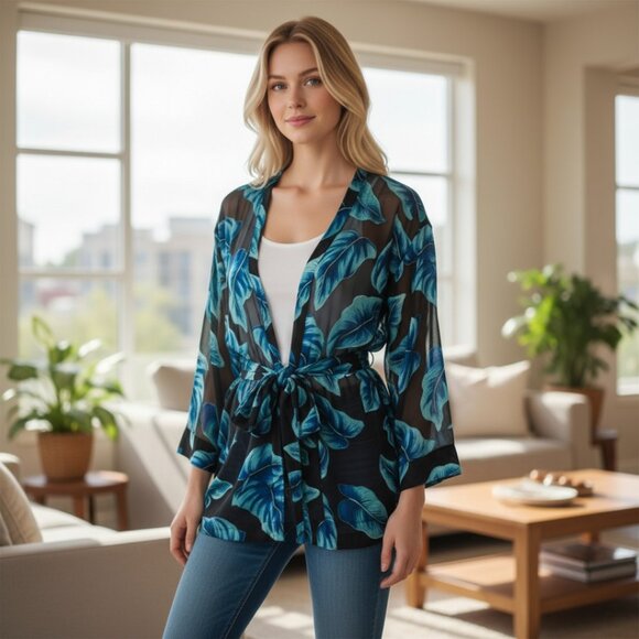 Women's Blouses' Designer Alice + Olivia Blue Floral Print Long Sleeves Tunic M - Picture 7 of 8